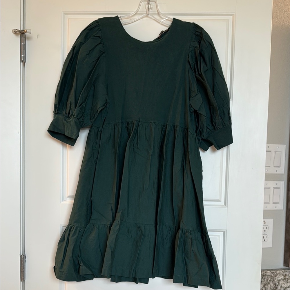 Zara Deep Green Puff Sleeve Midi Dress